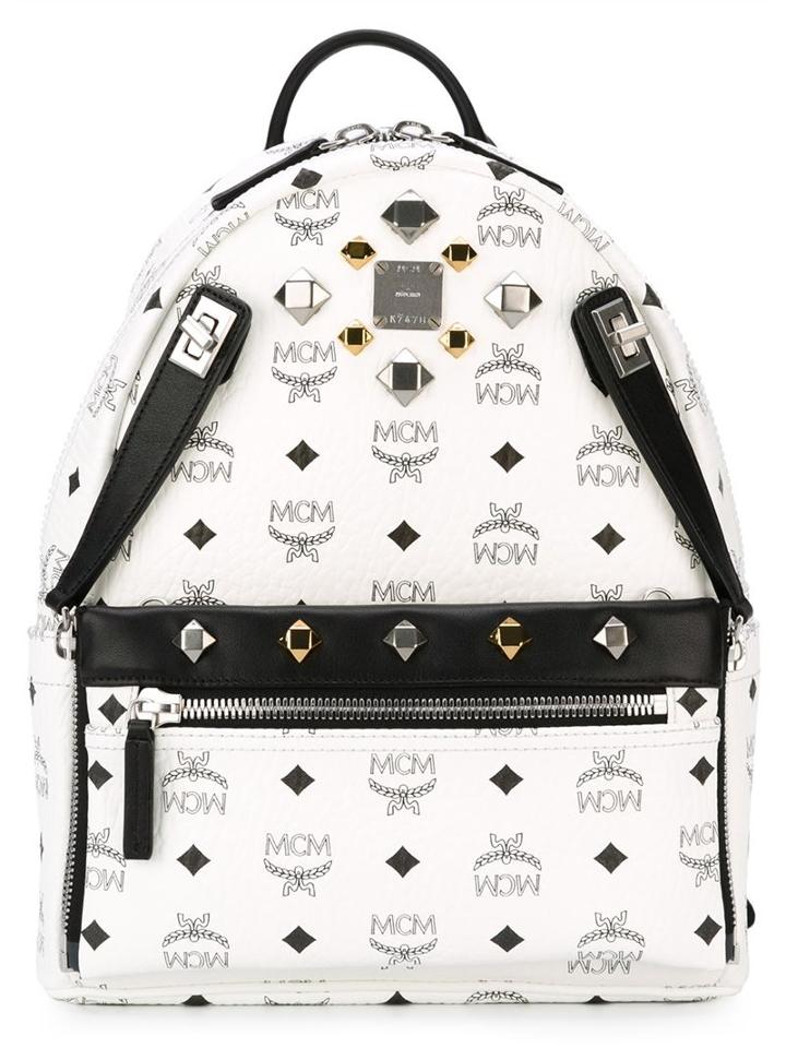 Mcm Logo Print Backpack, White, Pvc/leather/nylon