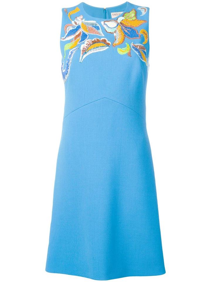 Emilio Pucci Floral Embroidered Wool Mini Dress - Blue