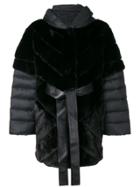 Liska Mink Fur Panel Hooded Coat - Black