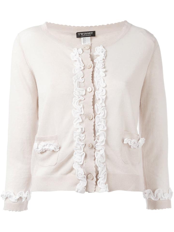 Twin-set - Frill Detail Cardigan - Women - Cotton/linen/flax - Xxl, Women's, Nude/neutrals, Cotton/linen/flax