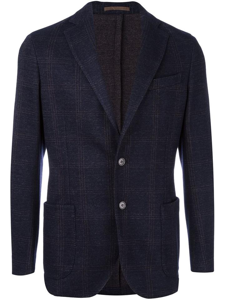 Eleventy Patched Pockets Plaid Blazer, Men's, Size: 54, Blue, Cotton/wool