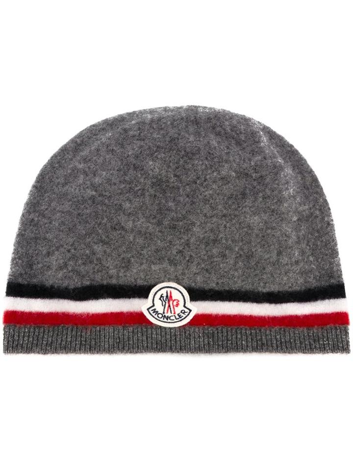 Moncler Striped Trim Beanie, Men's, Grey, Virgin Wool