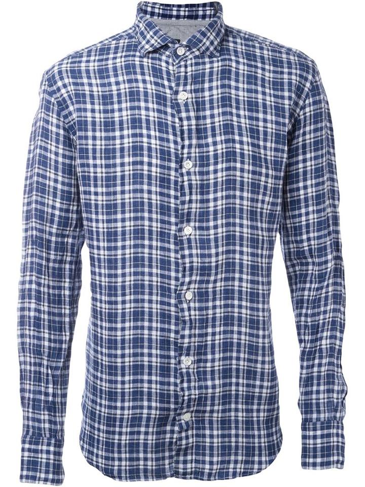 Eleventy Plaid Shirt, Men's, Size: 38, Blue, Linen/flax