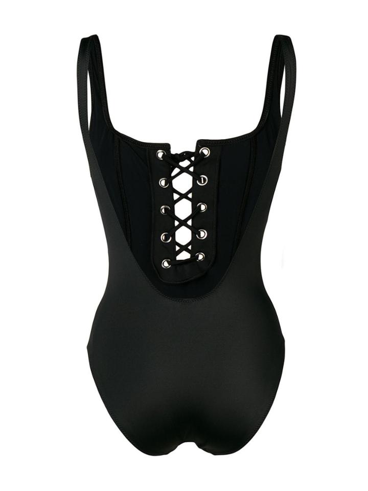 Solid & Striped Lace-up Swimsuit - Black