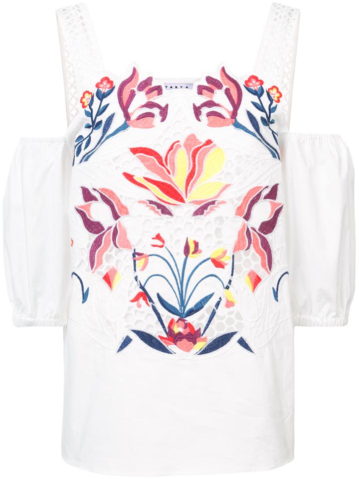 Tanya Taylor Floral Embroidered Dropped Shoulders Blouse - White