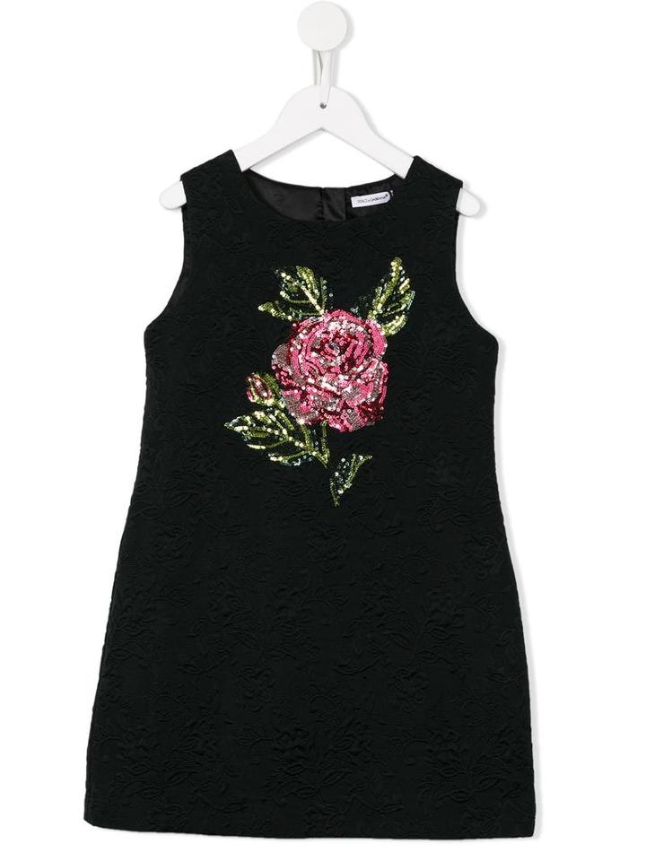 Dolce & Gabbana Kids Sequin Rose Knitted Jacquard Dress, Girl's, Size: 8 Yrs, Black