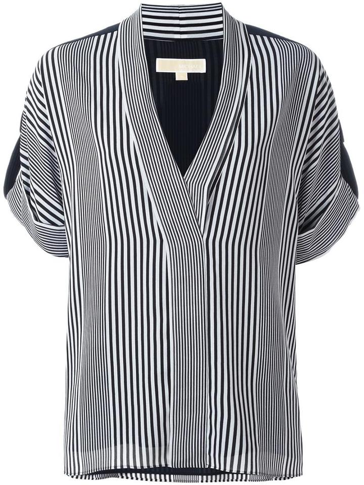 Michael Michael Kors Striped V-neck Blouse, Women's, Size: Xl, Blue, Polyester