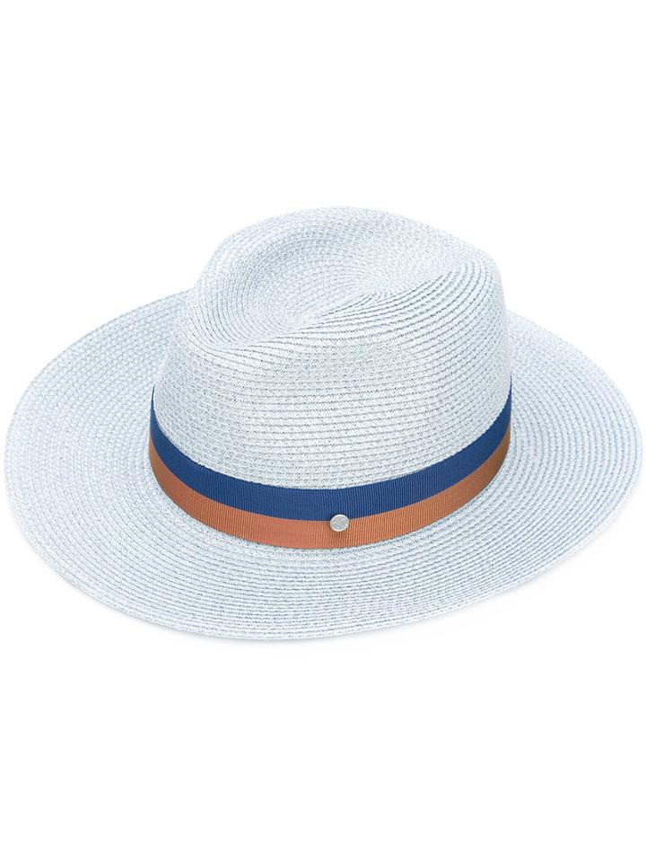 Maison Michel Contrast Bands Fedora Hat, Women's, Size: Medium, Blue, Straw