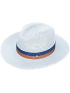 Maison Michel Contrast Bands Fedora Hat, Women's, Size: Medium, Blue, Straw