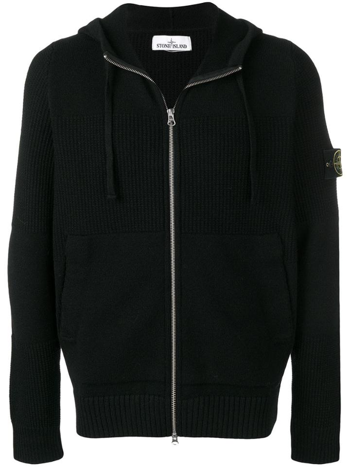 Stone Island Logo Patch Ribbed Hoodie - Black
