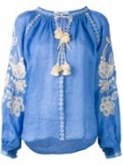March 11 - Embroidered Peasant Blouse - Women - Linen/flax - M, Blue, Linen/flax