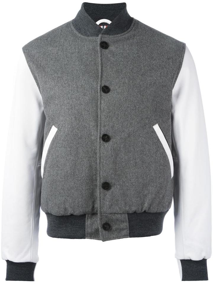 Thom Browne Varsity Bomber Jacket, Men's, Size: 2, Grey, Cupro/calf Leather/cashmere