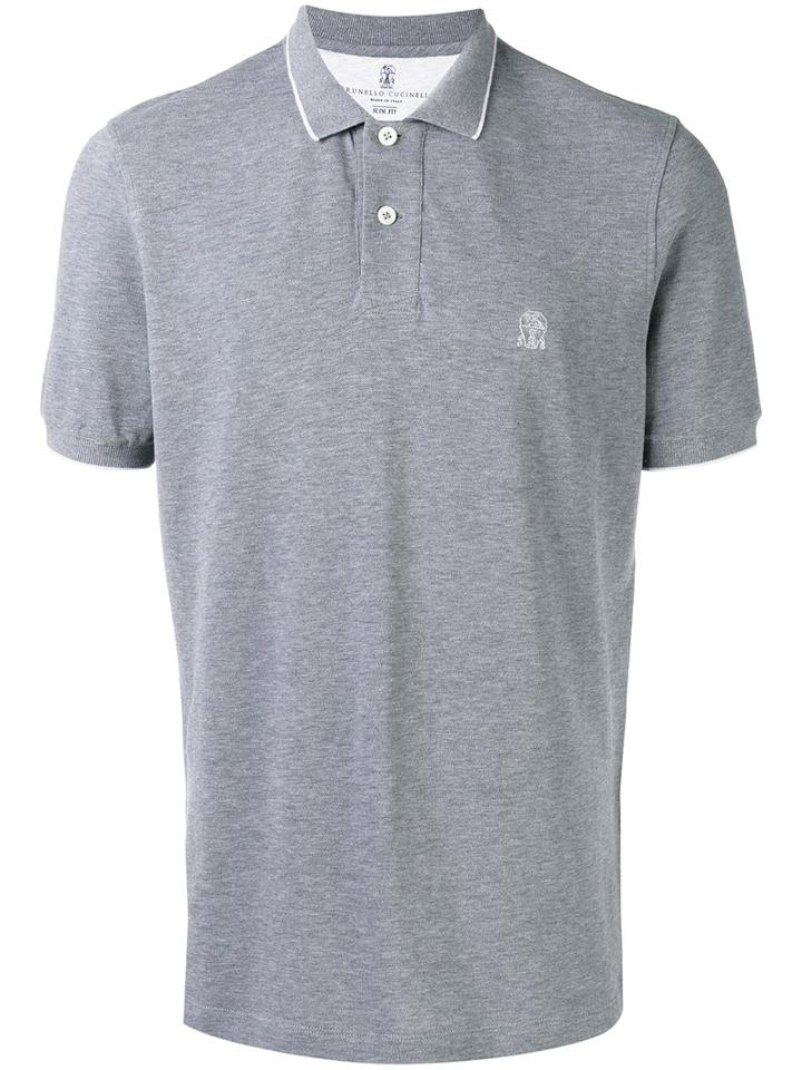 Brunello Cucinelli Embroidered Logo Polo Shirt, Men's, Size: Large, Grey, Cotton