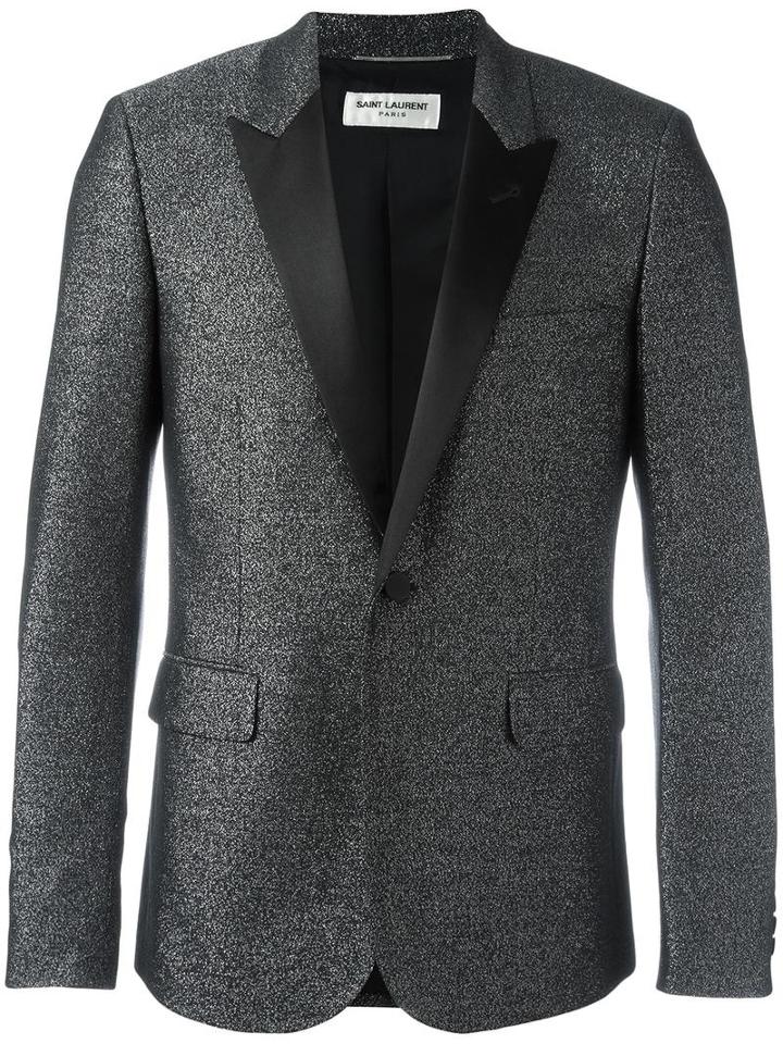 Saint Laurent Peaked Lapel Metallic Blazer, Men's, Size: 48, Black, Wool/cupro/viscose/cotton