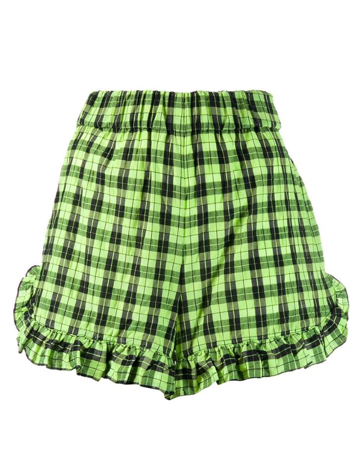Ganni Ruffled Plaid Shorts - Green