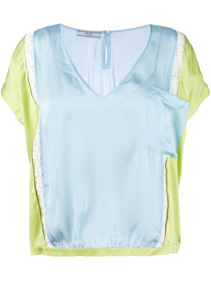 Prada Lace Detail V-neck Blouse, Women's, Size: 40, Green, Silk