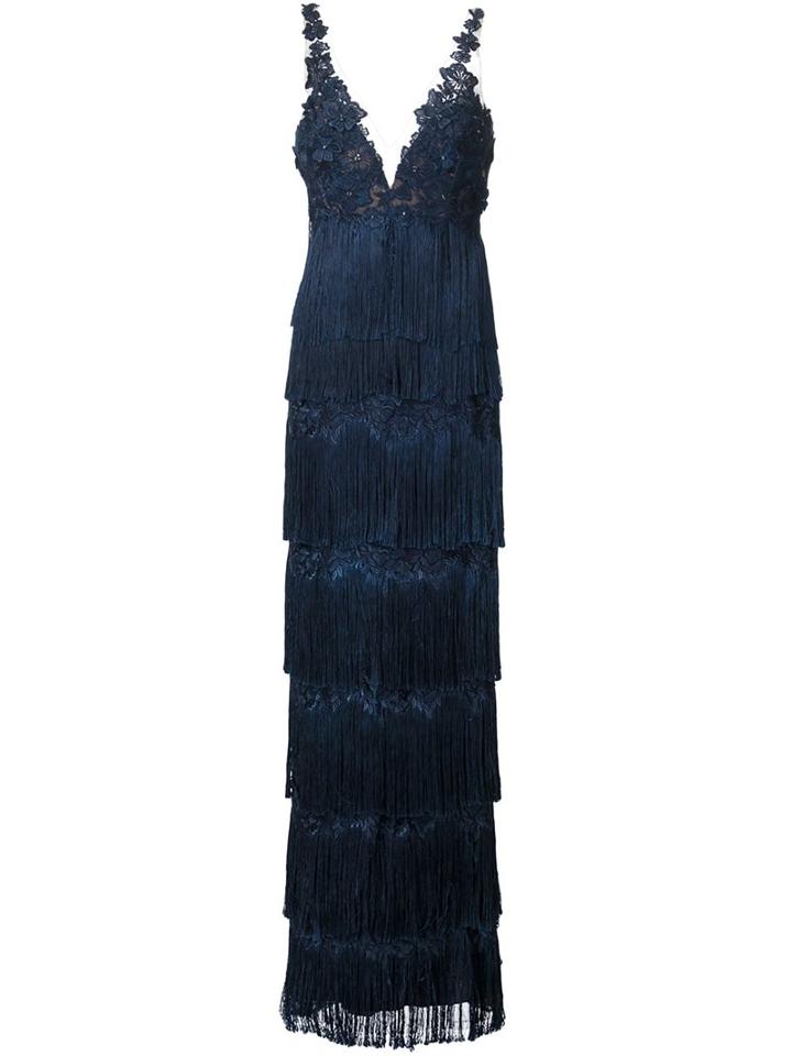 Marchesa Notte Fringed Gown, Women's, Size: 2, Blue, Polyester