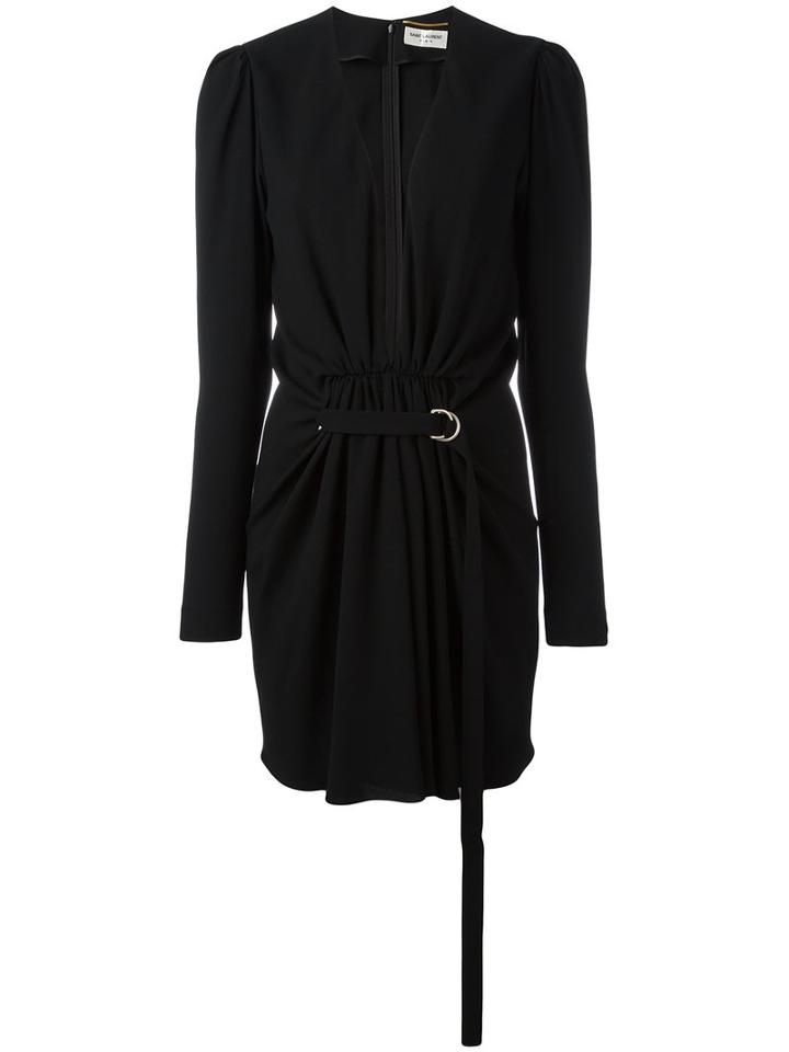 Saint Laurent Gathered V-neck Mini Dress, Women's, Size: 40, Black, Acetate/viscose
