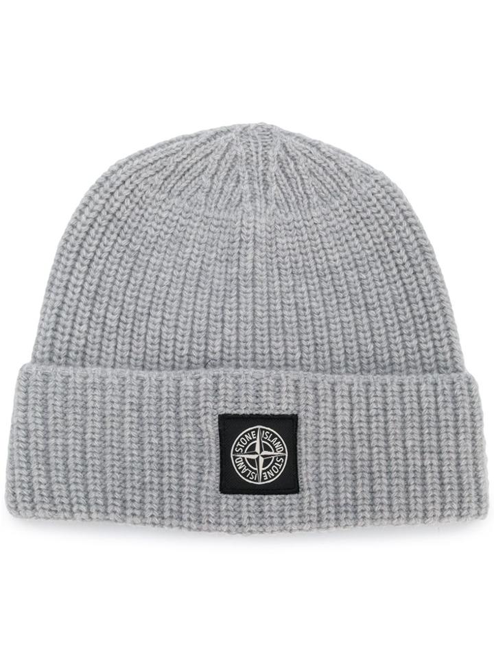 Stone Island Ribbed Logo Patch Beanie - Grey