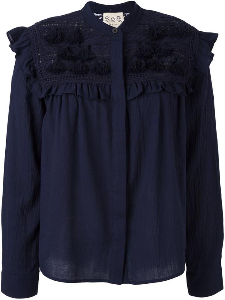 Sea Embroidered Tassel Blouse, Women's, Size: 6, Blue, Cotton