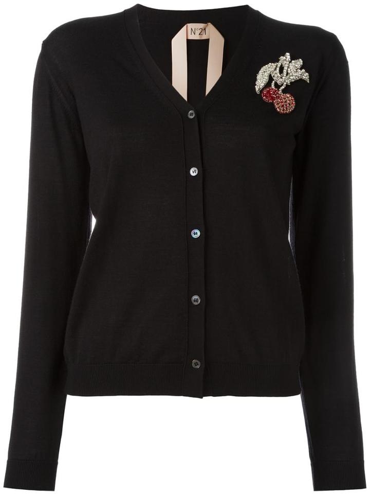No21 Cherry Brooch Cardigan, Women's, Size: 44, Black, Wool/silk
