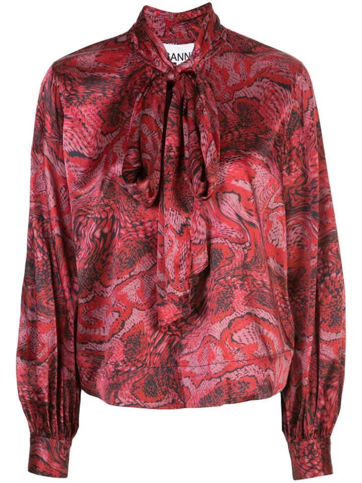 Ganni Patterned Pussybow Blouse - Red