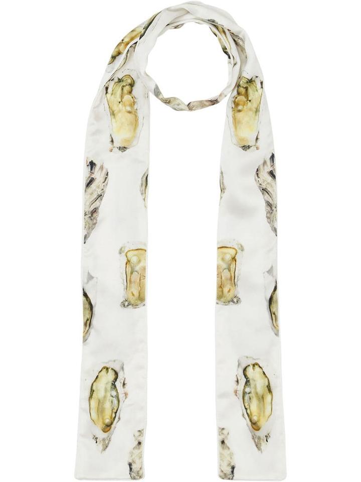 Burberry Oyster Print Silk Satin Skinny Scarf - White