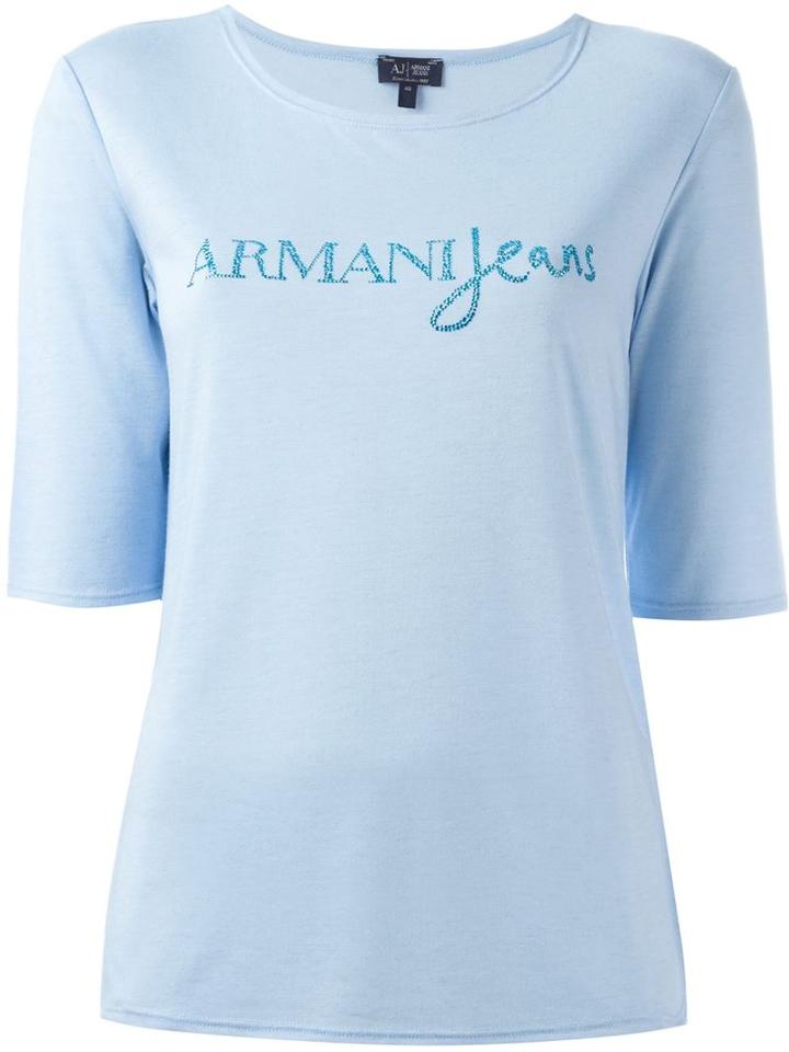 Armani Jeans Stars Embellished Logo T-shirt, Women's, Size: 48, Blue, Polyester/viscose/metallic Fibre
