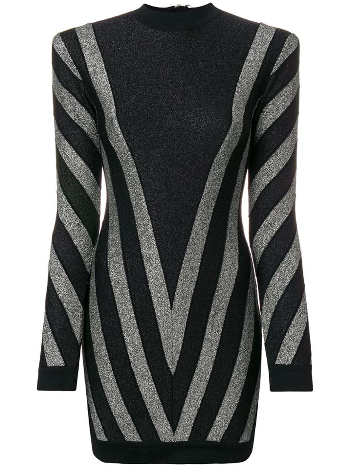 Balmain Lurex Chevron Turtleneck Mini Dress - Black