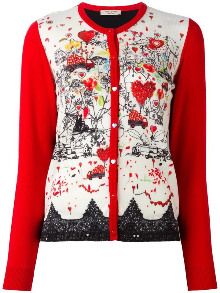 Piccione. Piccione Printed Cardigan, Women's, Size: 44, Red, Virgin Wool