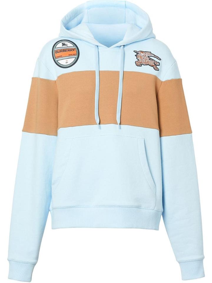 Burberry Logo Graphic Panelled Cotton Oversized Hoodie - Blue
