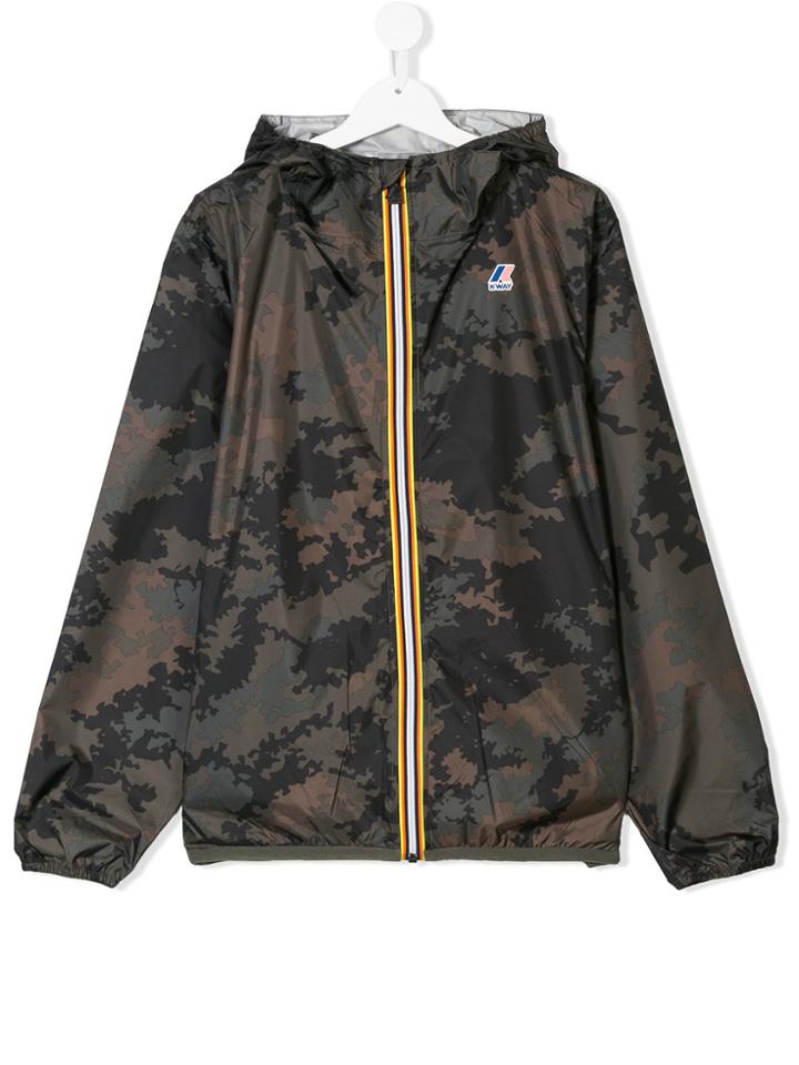K Way Kids Teen Camouflage Print Hooded Jacket - Green