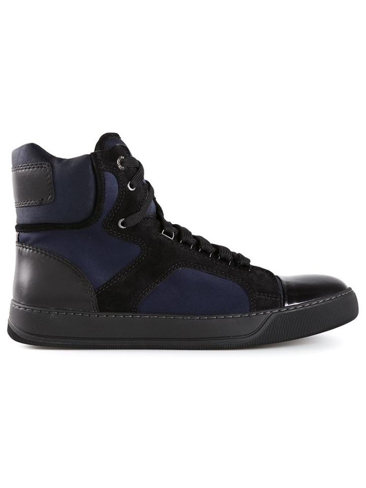 Lanvin Paneled Hi-top Sneakers, Men's, Size: 6, Black, Calf Leather/goat Skin/polyester