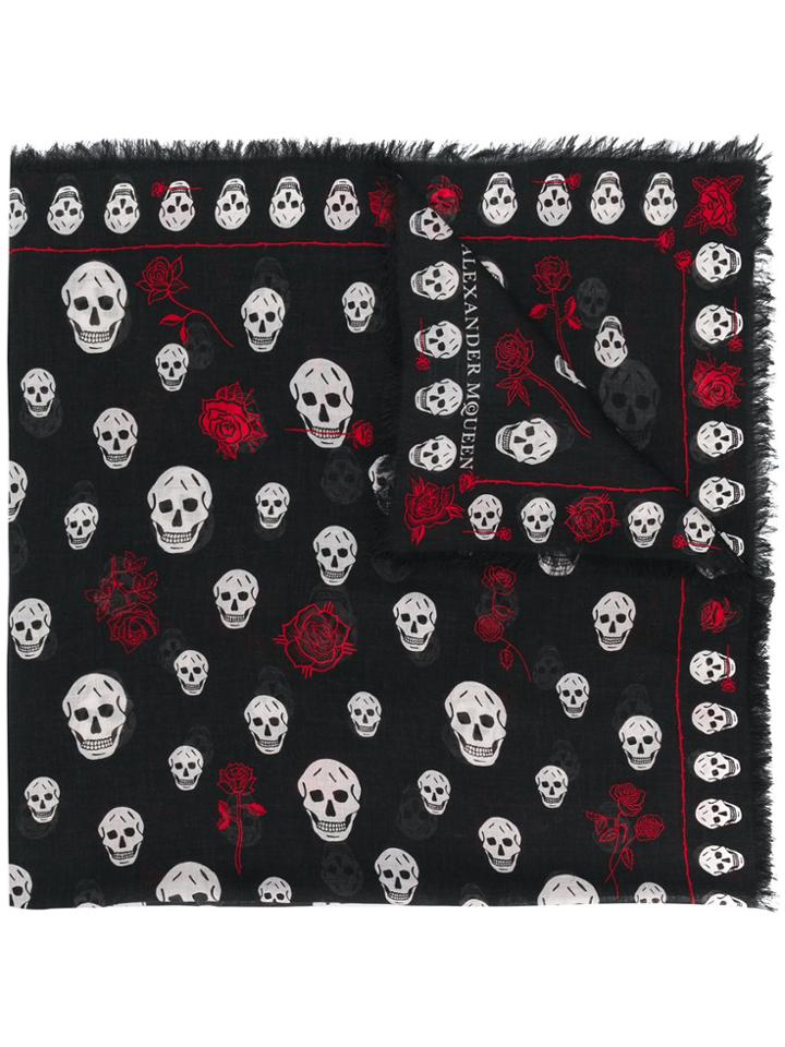 Alexander Mcqueen Skull And Rose Print Scarf - Black