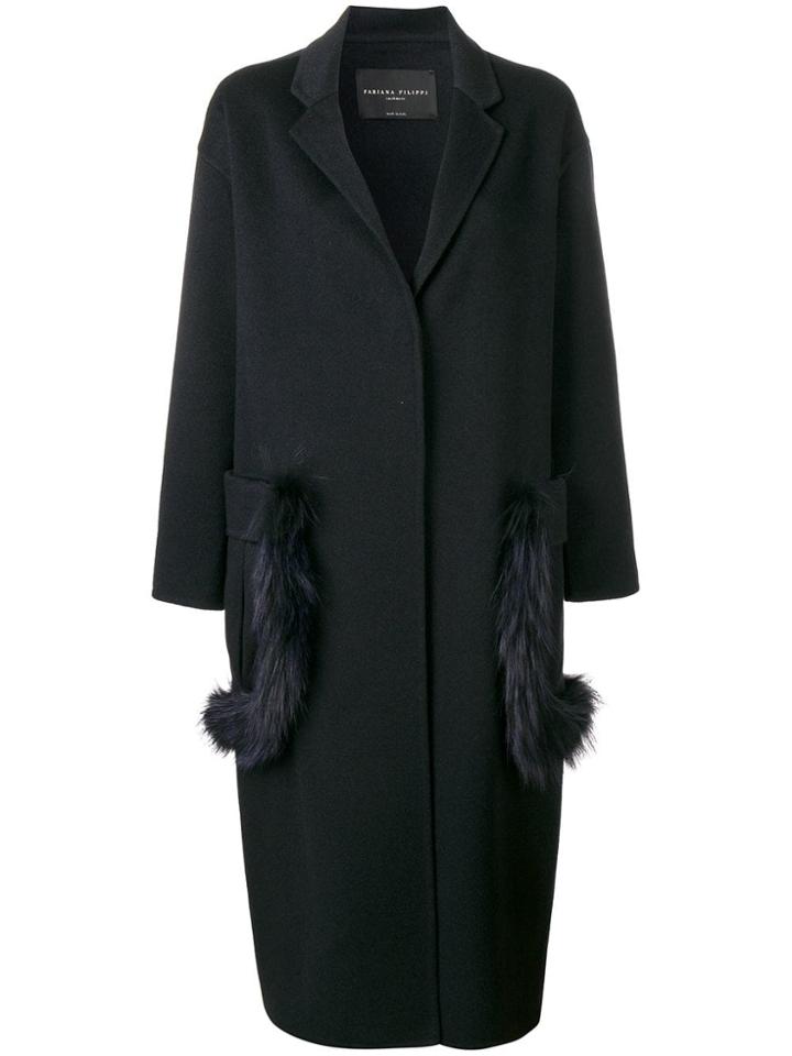 Fabiana Filippi Fox Fur Trim Long Coat - Black