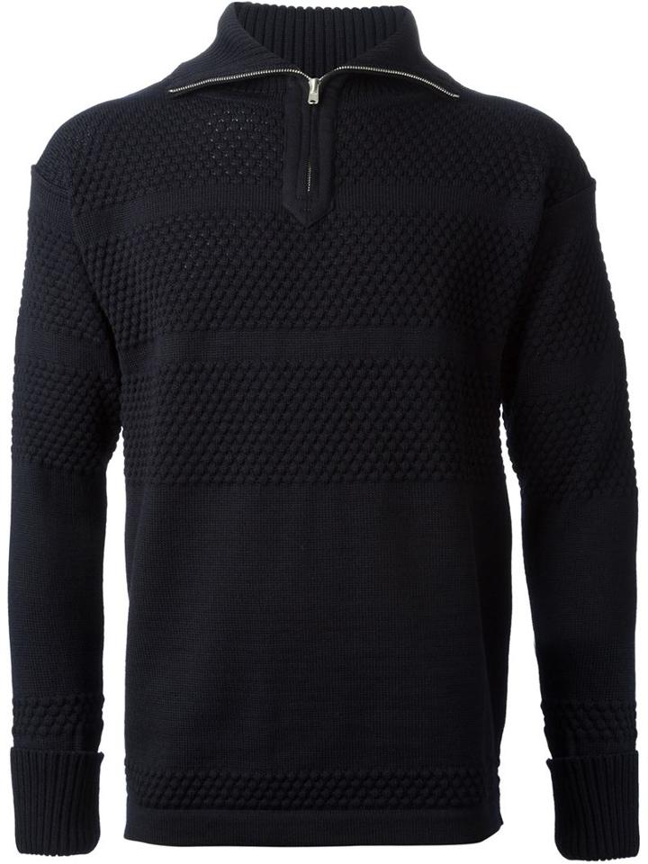S.n.s. Herning 'fisherman' Zip Neck Sweater, Men's, Size: Medium, Blue, Virgin Wool