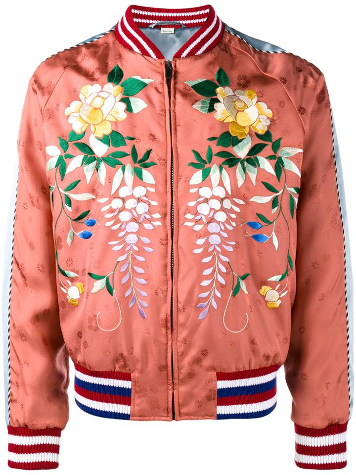 Gucci Orange Floral Embroidered Bomber Jacket - Yellow & Orange