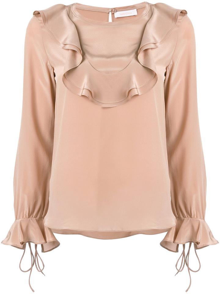 See By Chloé - Frill Embroidered Blouse - Women - Silk - 40, Nude/neutrals, Silk