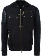 Balmain Hooded Biker-inspired Bomber Jacket, Men's, Size: Small, Black, Cotton/lamb Skin/polyamide/wool