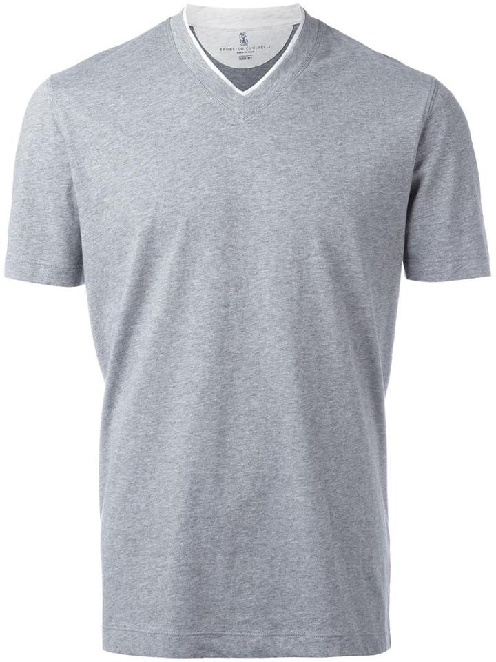 Brunello Cucinelli V-neck T-shirt, Men's, Size: Medium, Grey, Cotton
