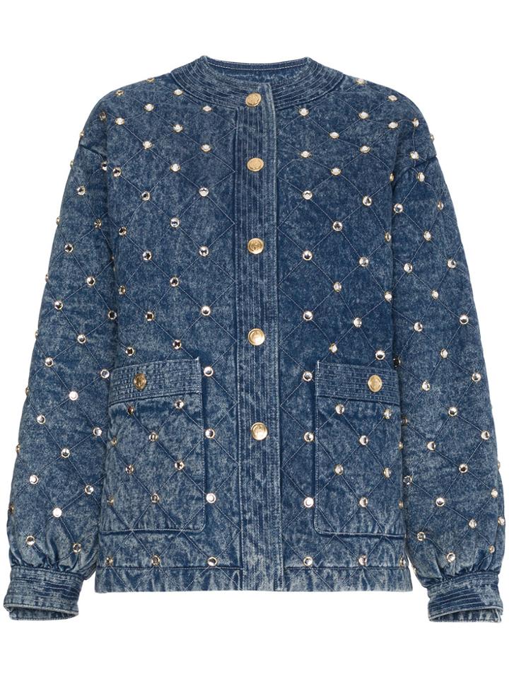 Gucci Quilted Marble Denim Jacket With Crystals - Blue