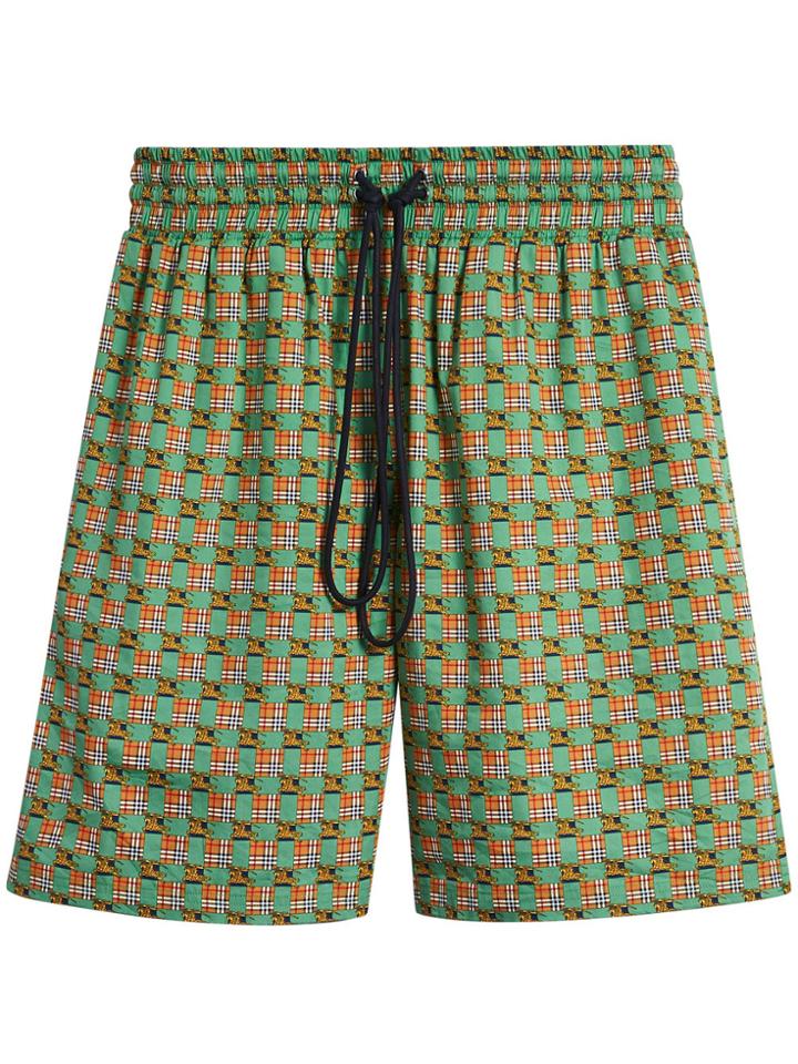 Burberry Equestrian Check Print Cotton Drawcord Shorts - Green