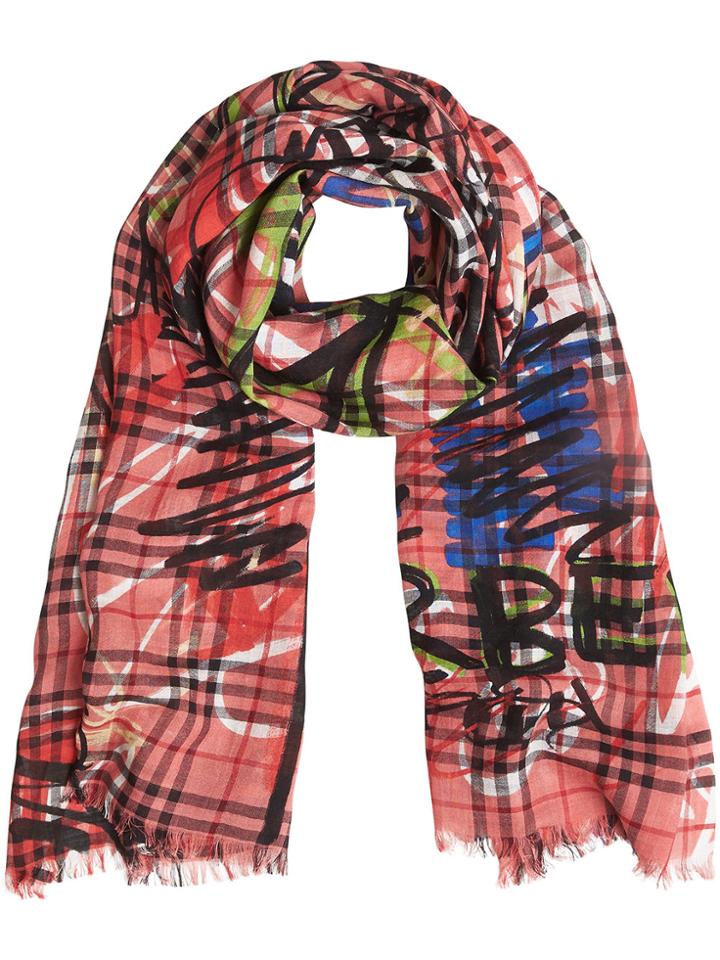 Burberry Graffiti Print Vintage Check Scarf - Pink & Purple