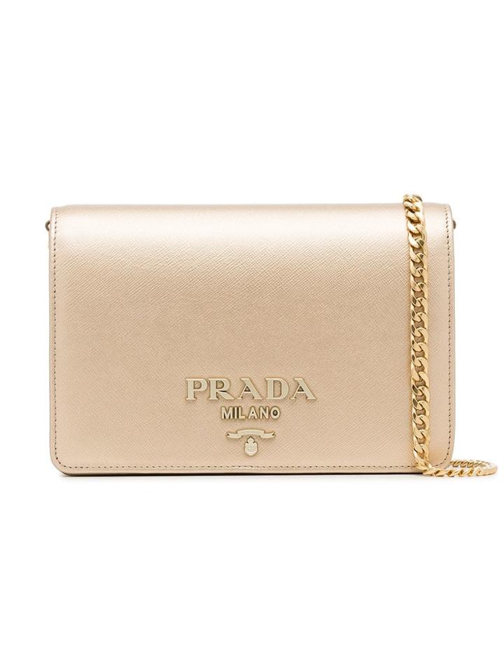 Prada Metallic Gold Logo Chain Strap Mini Leather Bag