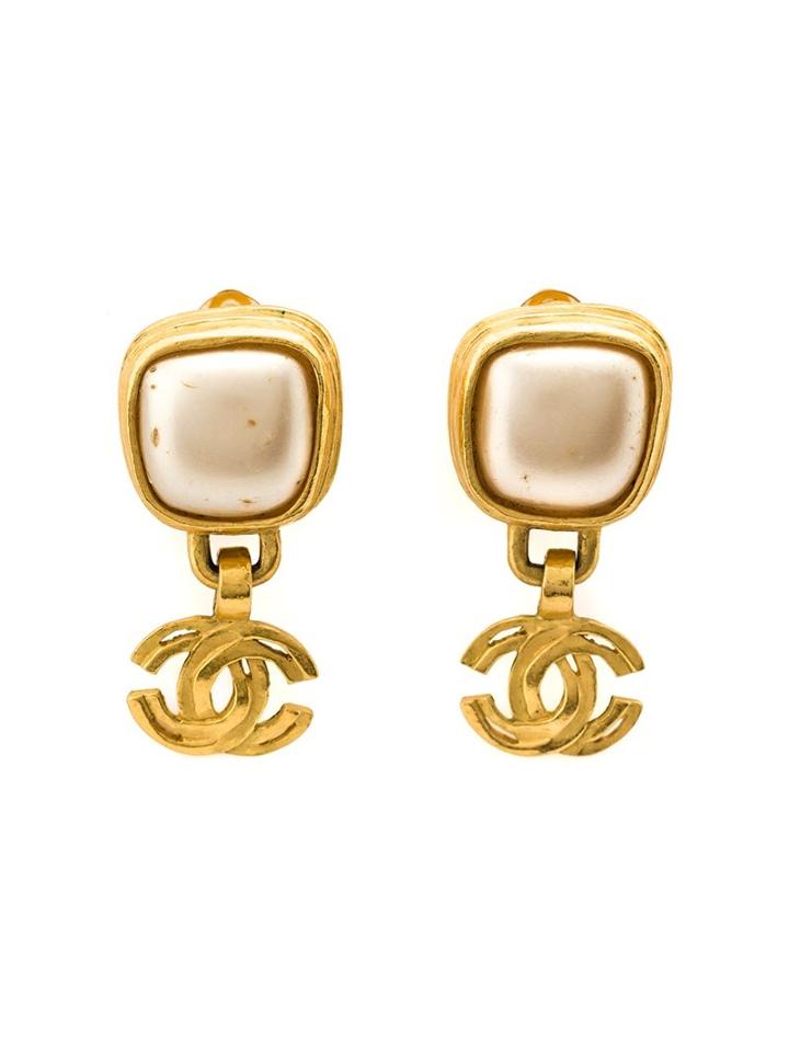 Chanel Vintage Logo Drop Clip-on Earrings, Women's, Metallic