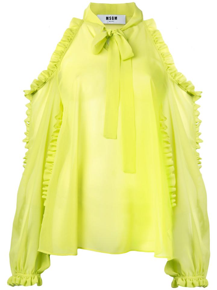 Msgm - Cold Shoulder Ruffle Trim Shirt - Women - Polyester - 42, Women's, Green, Polyester