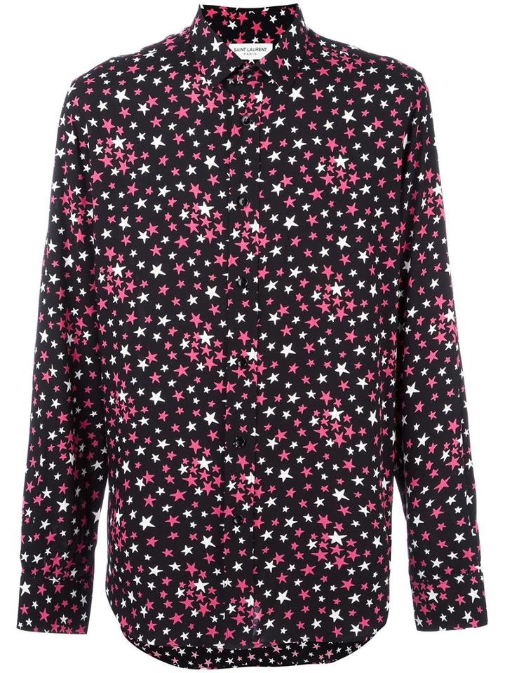 Saint Laurent Signature Yves Collar Printed Shirt, Men's, Size: 38, Black, Viscose
