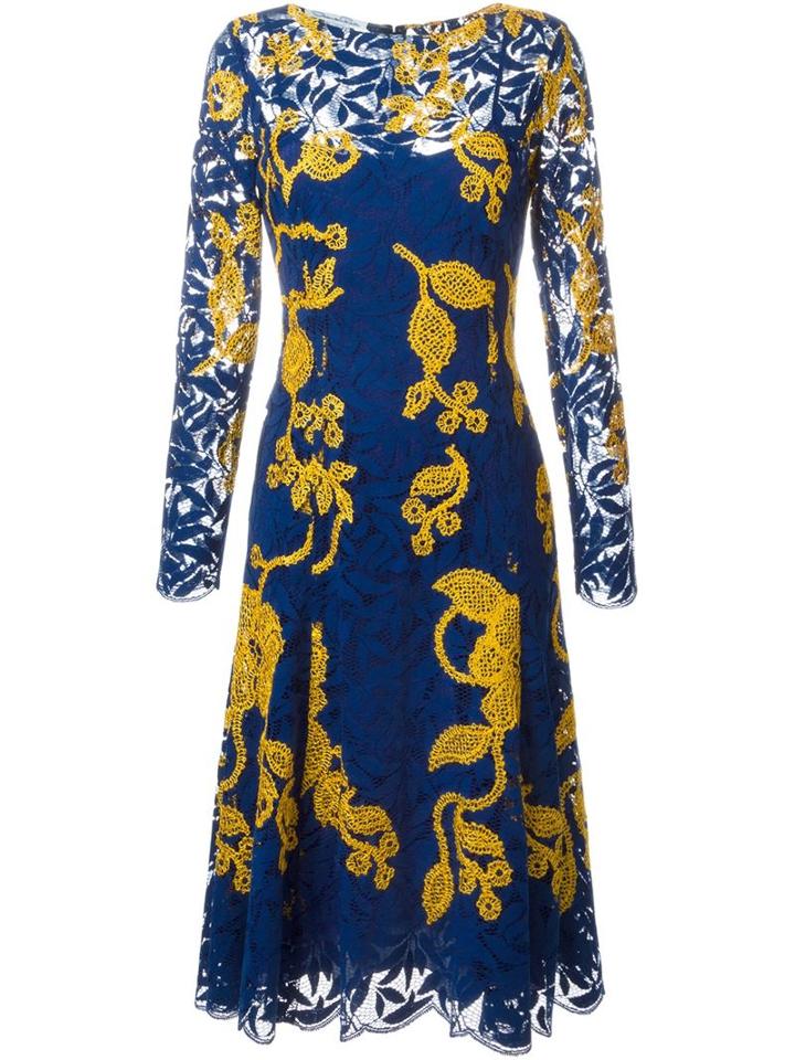 Oscar De La Renta Embroidered Appliqué Lace Dress, Women's, Size: 10, Blue, Cotton/nylon/viscose/silk