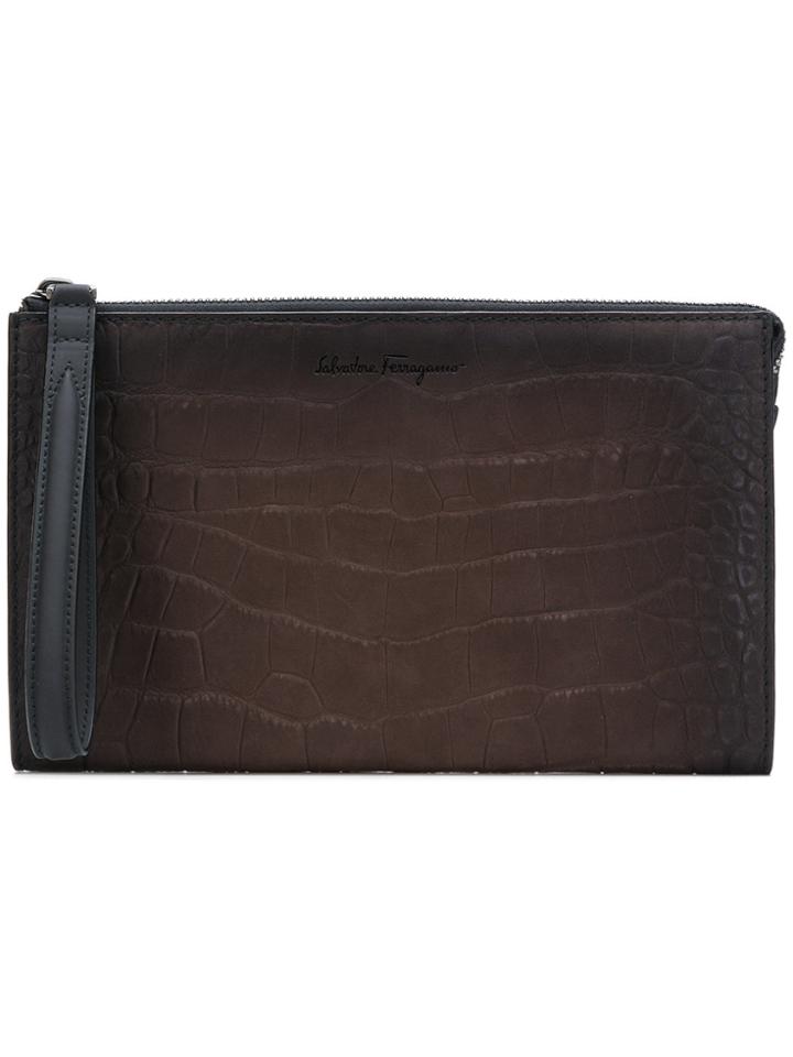Salvatore Ferragamo Crocodile Embossed Zip Pouch - Brown
