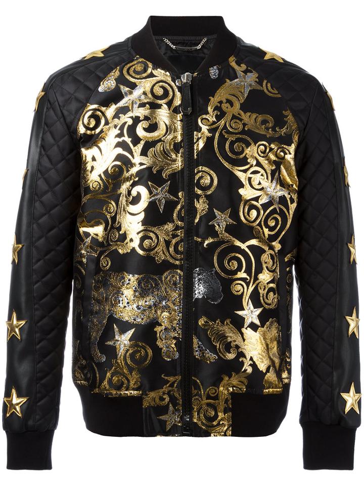 Philipp Plein Feel Gold Bomber Jacket, Men's, Size: Medium, Black, Cotton/acrylic/nylon/spandex/elastane